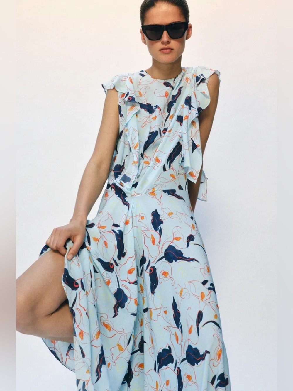 ZW Collection Light Blue Printed Ruffle Maxi Dress. POP